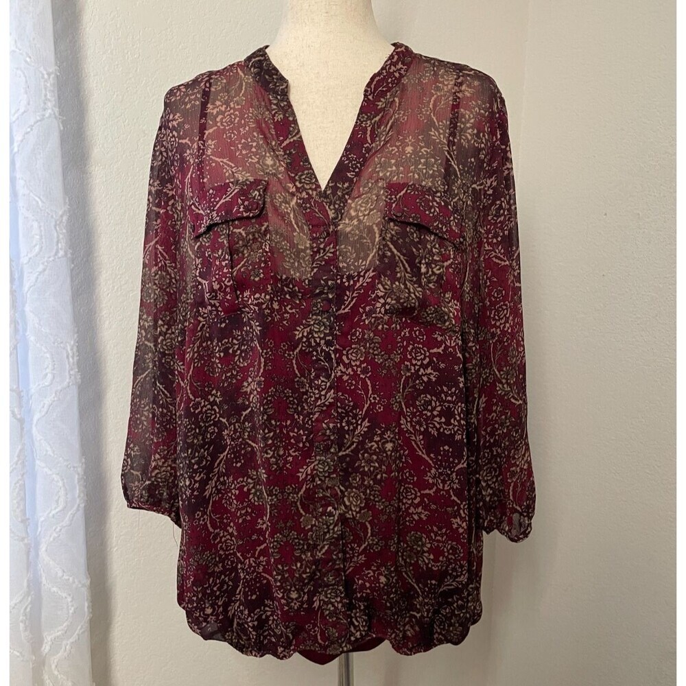 DB Est. 1962 Burgundy Paisley Floral Semi-Sheer Blouse Plus Size 2X Lined